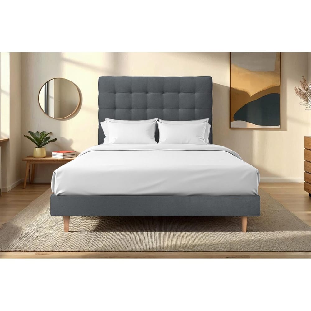 Lit avec tête de lit capitonnée velours et sommier kit gris anthracit - Maisons du Monde