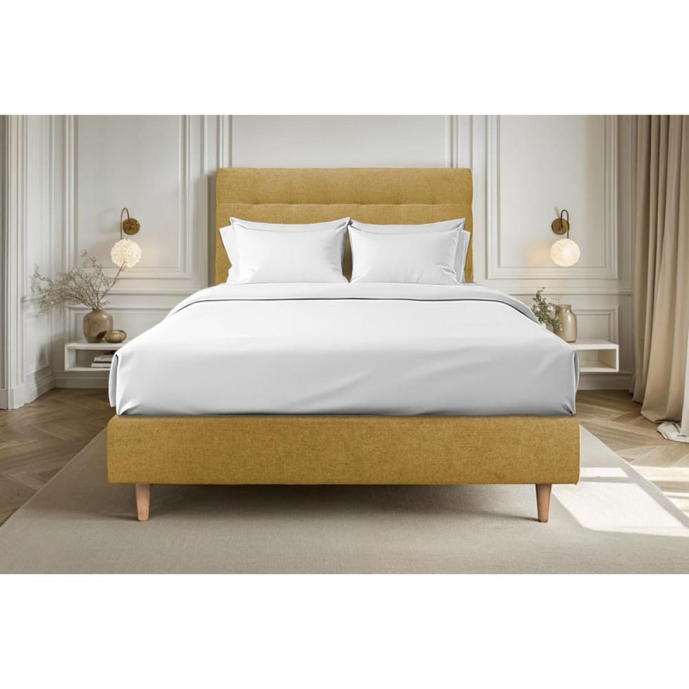 Lit avec tête de lit capitonnée tissu et sommier tapissier  jaune 140x