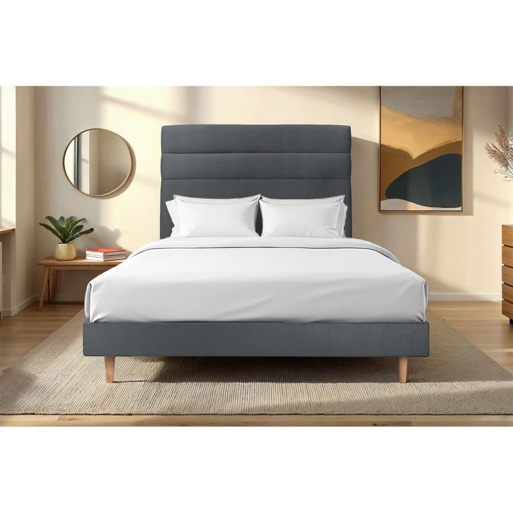 Lit avec tête de lit lignes velours et sommier kit gris anthracite 20 - Maisons du Monde