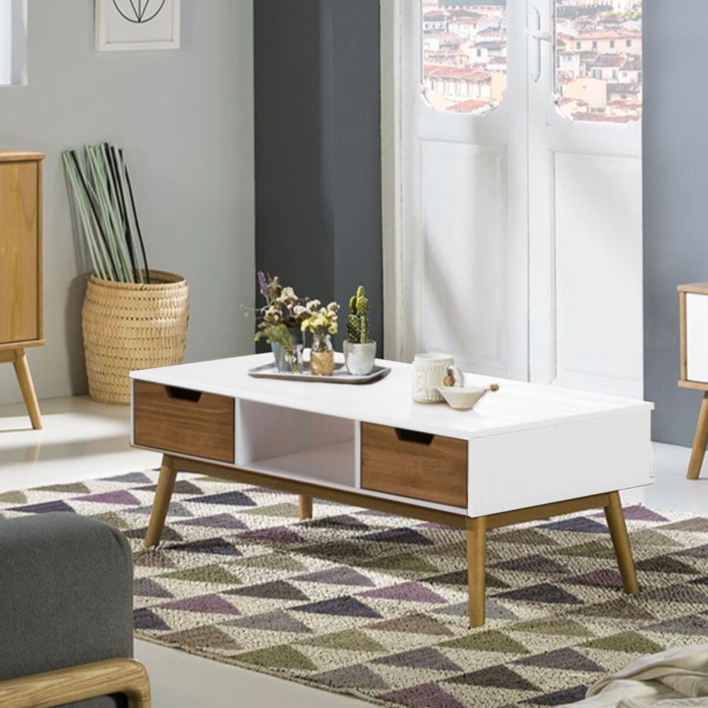 Table basse rectangulaire 1 casier et 2 tiroirs blanc et bois 110x55x4 - Maisons du Monde