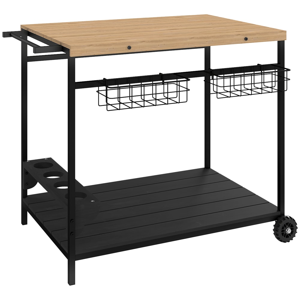 Desserte de jardin chariot pour plancha bois métal 2 plateaux paniers