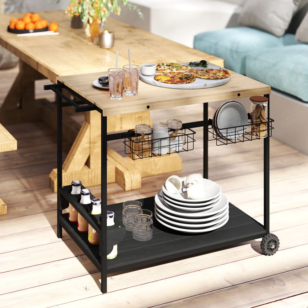 Desserte de jardin chariot pour plancha bois métal 2 plateaux paniers - Maisons du Monde
