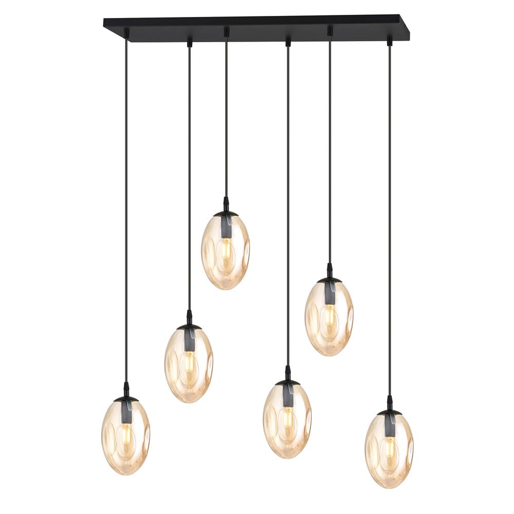 Wonderlamp Pendelleuchte mit 6 bernsteinfarbenen Kugeln, höhenverstellbar Max.100 style modern Schwarz Kristall
