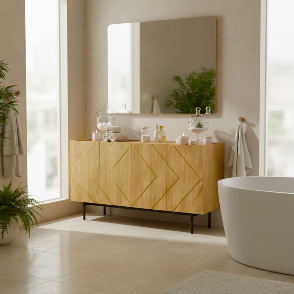 Badezimmerwaschtisch aus hellem Holz mit goldenen Details -