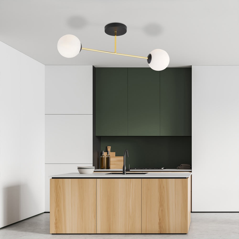 Plafonnier noir avec barrette dorée et 2 sphères en verre blanc — vue 3