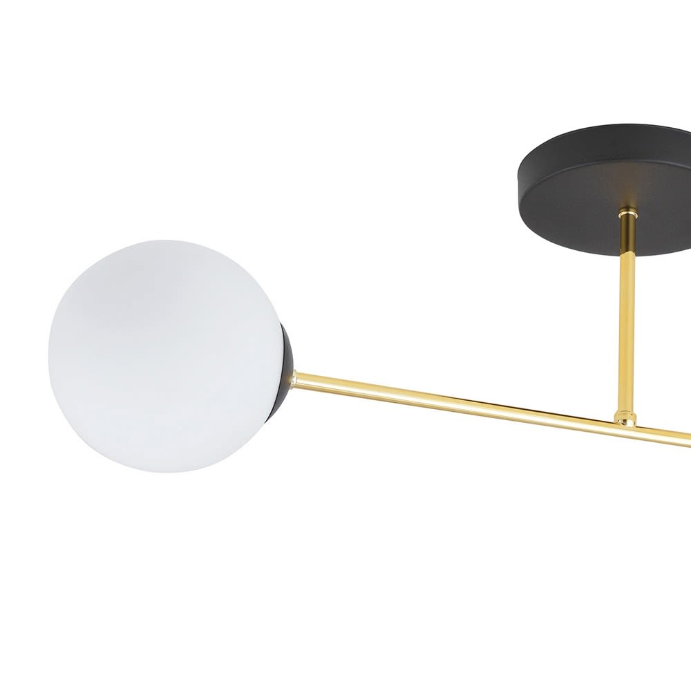 Plafonnier noir avec barrette dorée et 2 sphères en verre blanc — vue 4