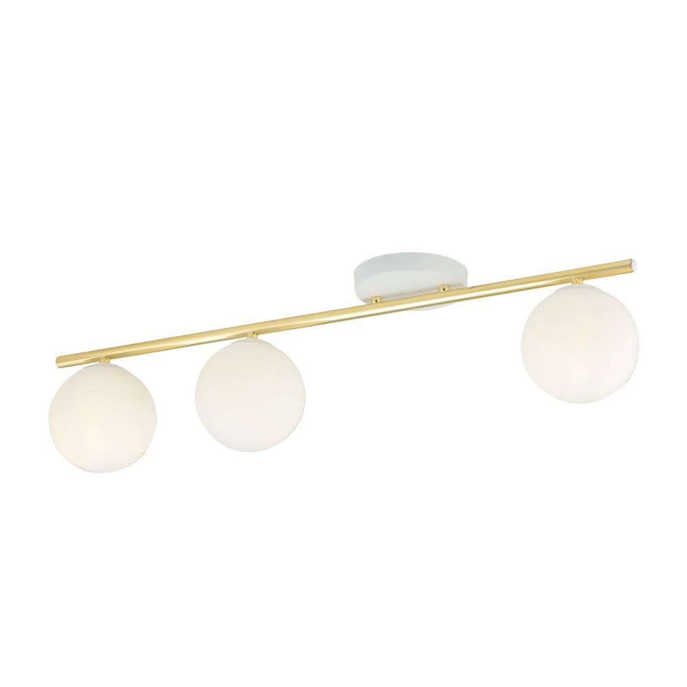 regleta de techo elegante lineal blanco y dorado con 3 esferas