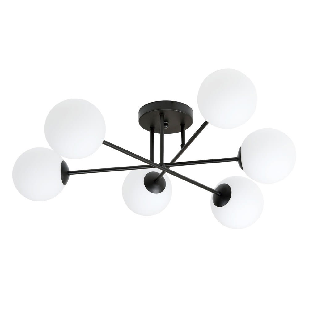 Wonderlamp Deckenleuchte im nordischen Stil mit 6 weißen Glaskugeln style modern Schwarz Stahl