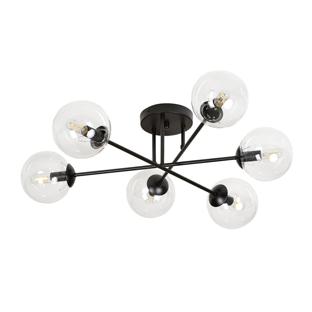 Wonderlamp Deckenleuchte im Vintage-Stil mit 6 transparenten Glaskugeln style modern Schwarz Metall