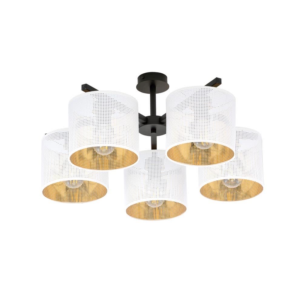 Plafonnier moderne avec 5 abat-jour blancs et intérieur doré
