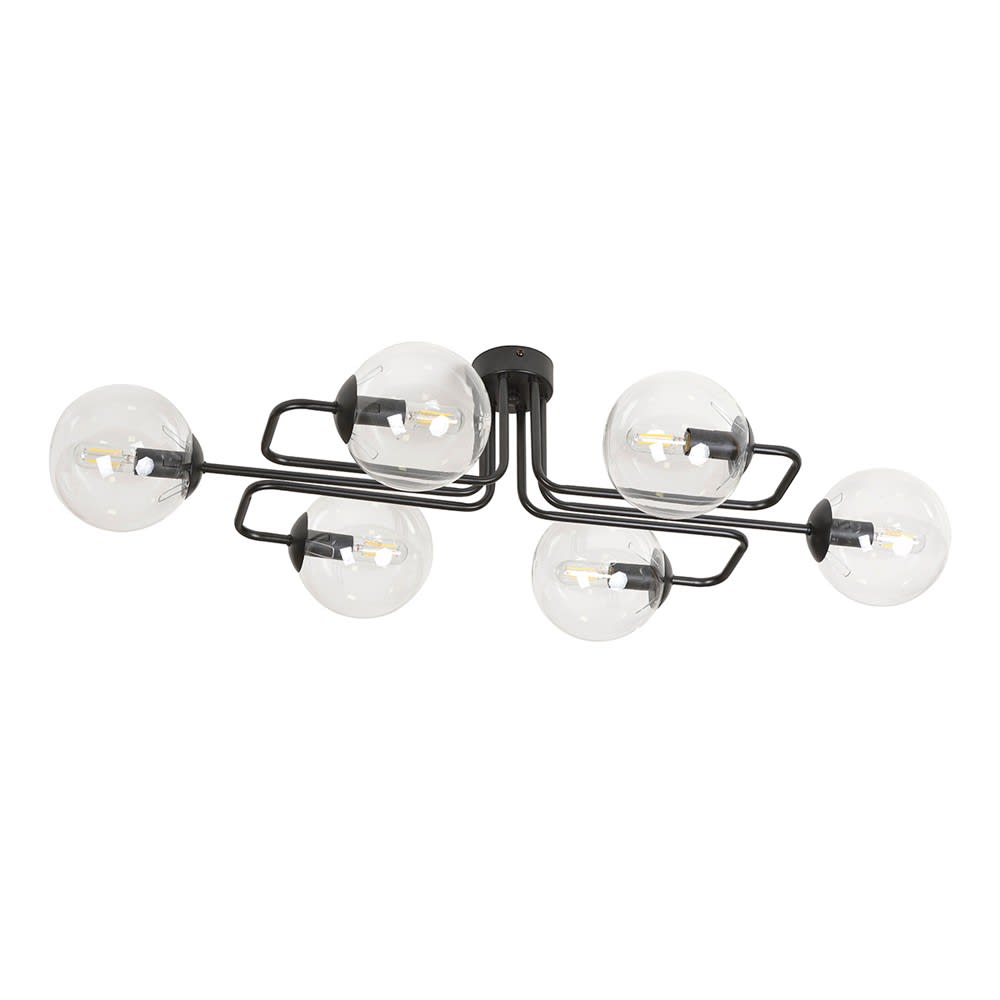 Wonderlamp Deckenleuchte im Vintage-Stil mit 6 transparenten Glaskugeln style modern Schwarz Metall