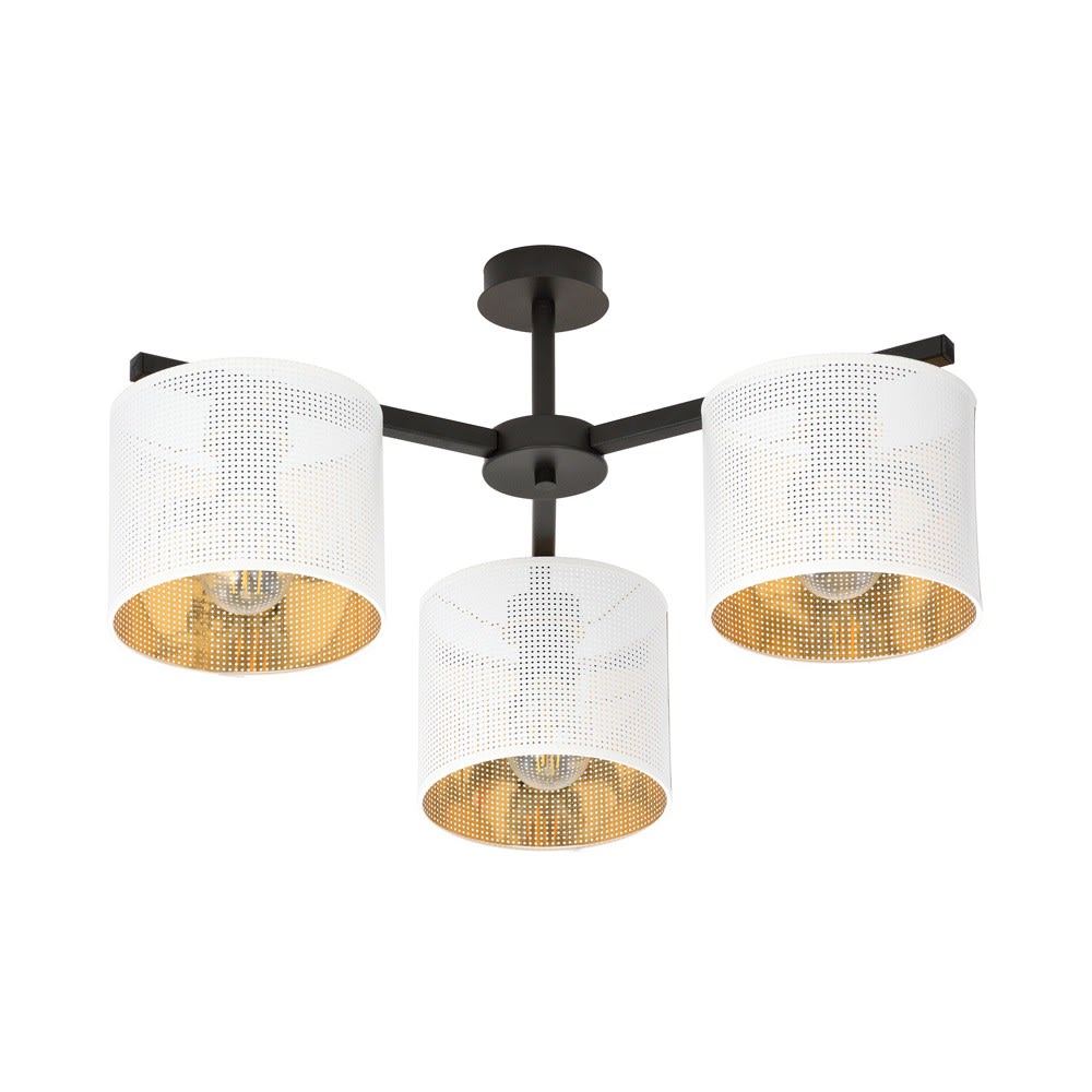 Plafonnier à 3 abat-jour cylindriques blancs et intérieur doré