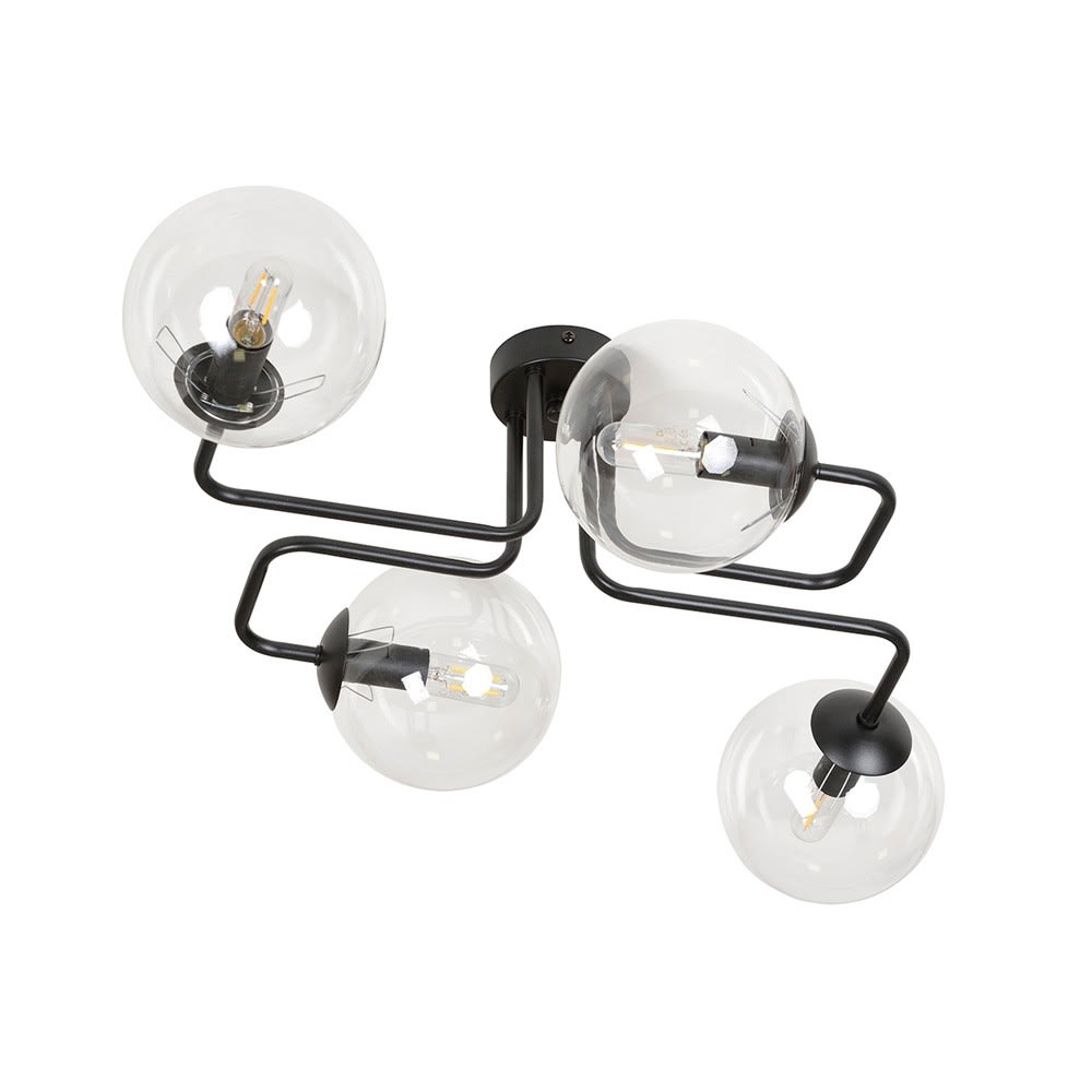 Wonderlamp Deckenleuchte im Vintage-Stil mit 4 transparenten Glaskugeln style modern Schwarz Metall