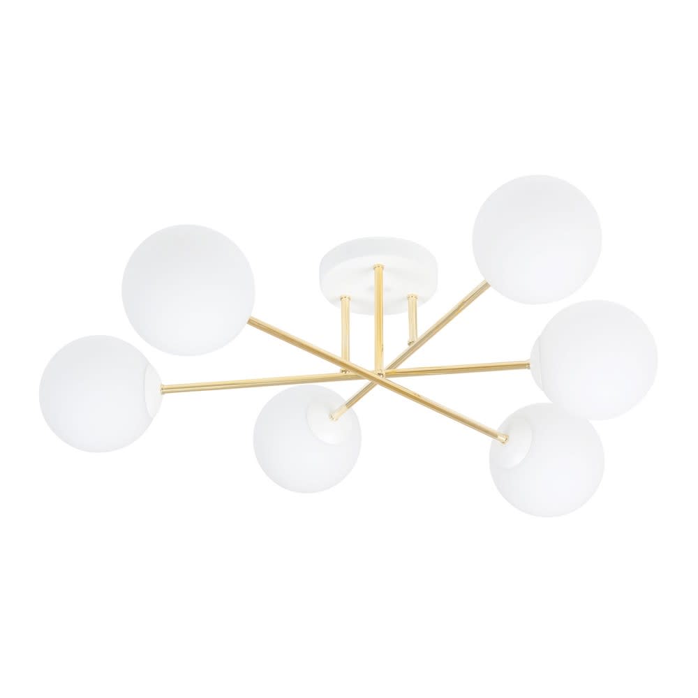Plafonnier elégant blanc avec 3 barres dorées et 6 sphères