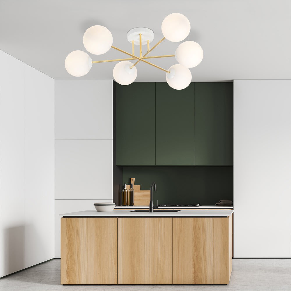 Plafonnier elégant blanc avec 3 barres dorées et 6 sphères - Maisons du Monde