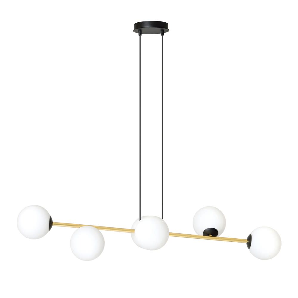 lampara colgante ajustable negro y dorado con 6 esferas de cristal