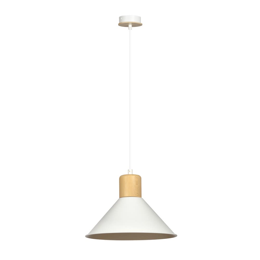 lampara colgante con pantalla conica de metal blanco y madera