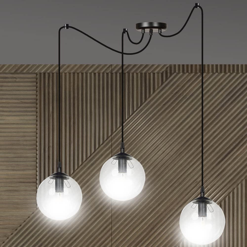 Suspension avec 3 sphères transparentes et câbles mobiles — vue 3