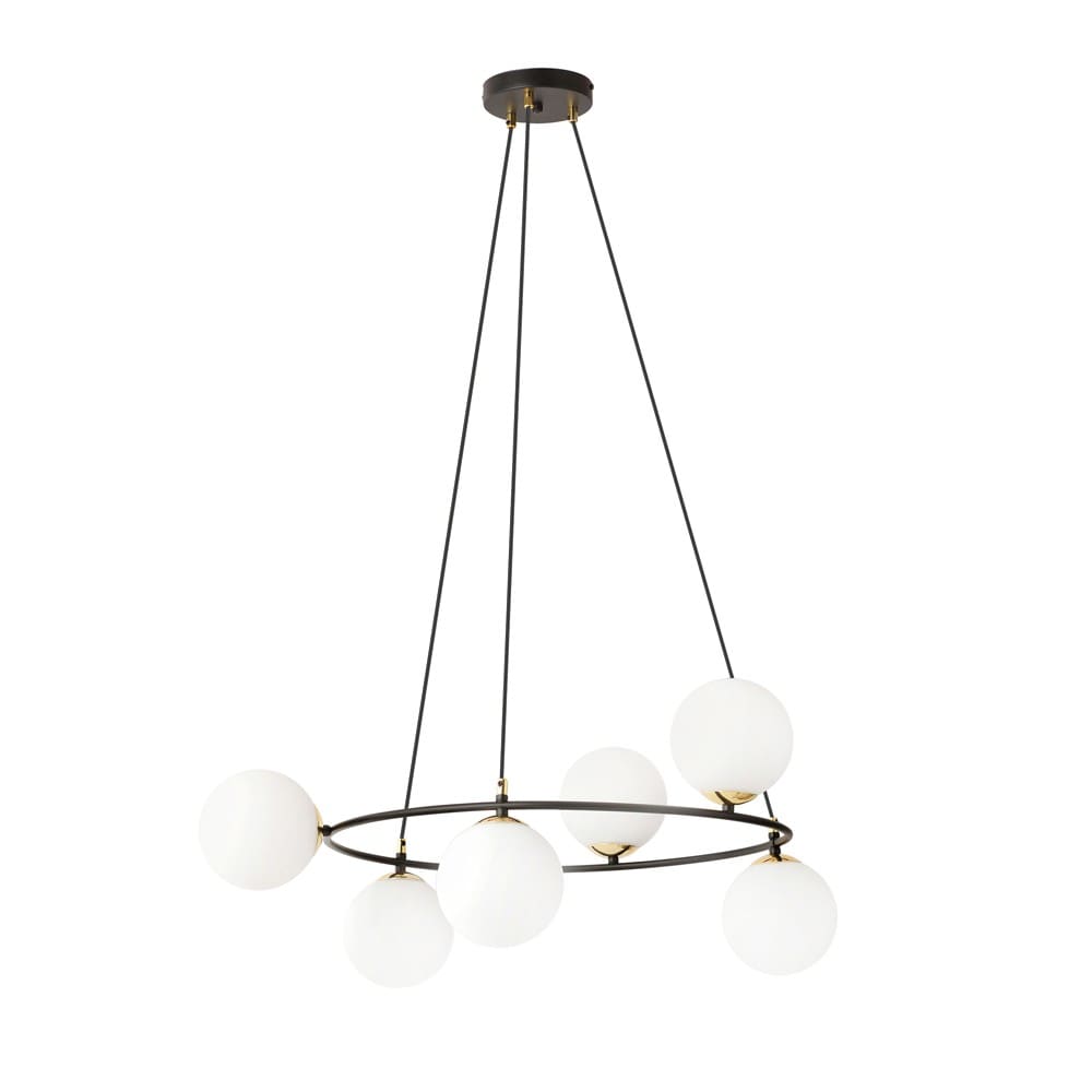Wonderlamp Hängeleuchte mit Ringstruktur und 6 Opalglaskugeln style modern Schwarz Stahl