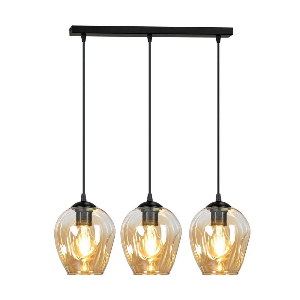 Wonderlamp Hängeleuchte mit 3 bernsteinfarbenen Schirmen und höhenverstellbar style modern Schwarz Kristall