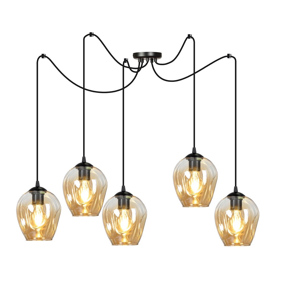Wonderlamp Hängeleuchte mit 5 bernsteinfarbenen beweglichen Kabeln style modern Schwarz Kristall