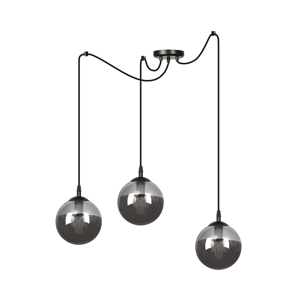 Wonderlamp Hängeleuchte mit 3 grauen Glaskugeln und beweglichen Kabeln style modern Schwarz Kristall
