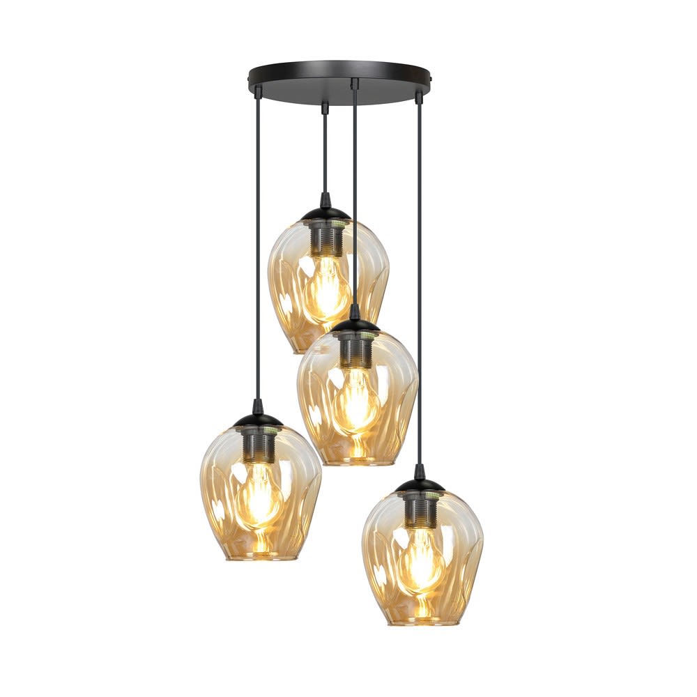 Wonderlamp Hängeleuchte im Vintage-Stil mit 4 bernsteinfarbenen Glasschirmen style modern Schwarz Kristall
