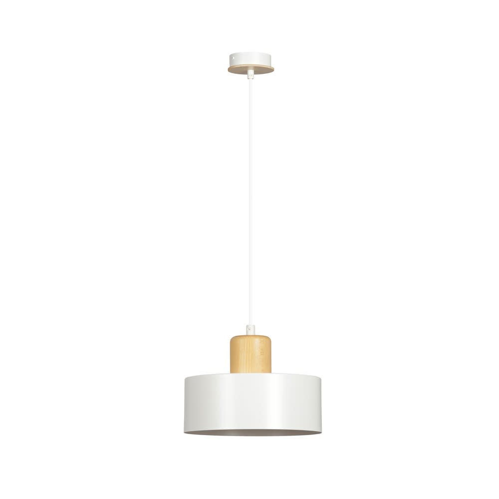 Suspension avec abat-jour cylindrique en acier blanc et bois