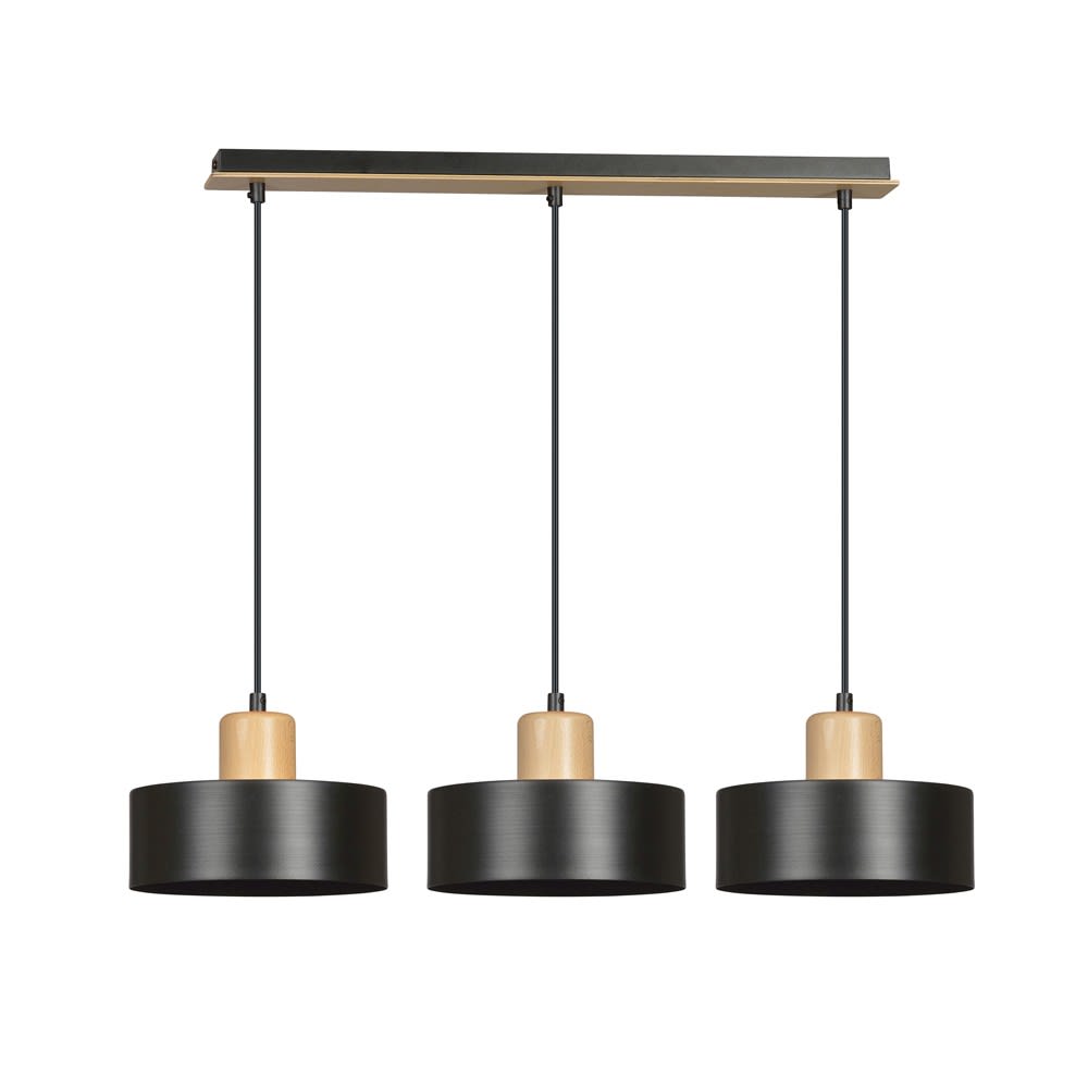 Wonderlamp Hängeleuchte mit 3 schwarzen und hölzernen Hängelampenschirmen style modern - Holz
