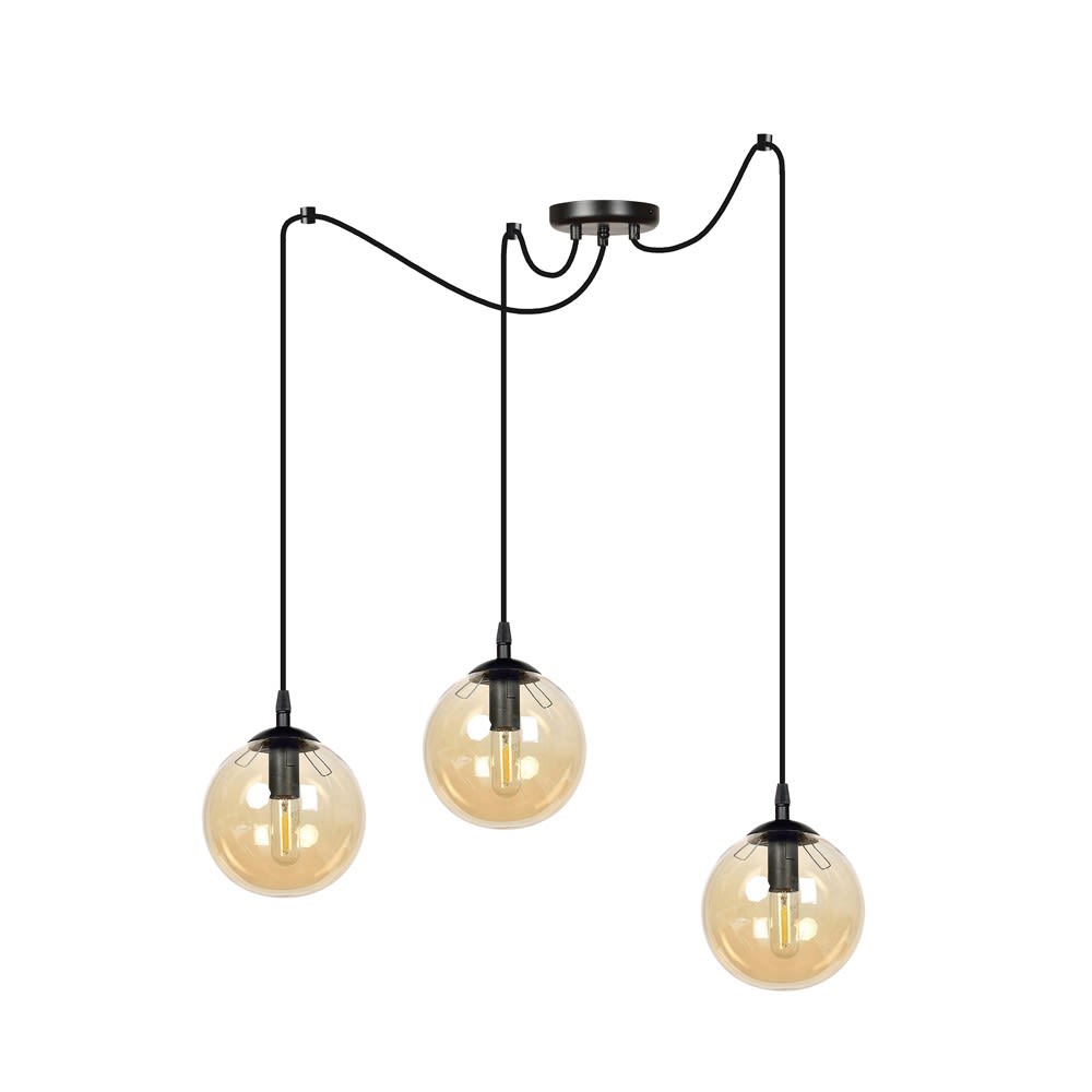 Wonderlamp Hängeleuchte mit 3 Bernsteinkugeln und beweglichen Kabeln style modern Schwarz Kristall