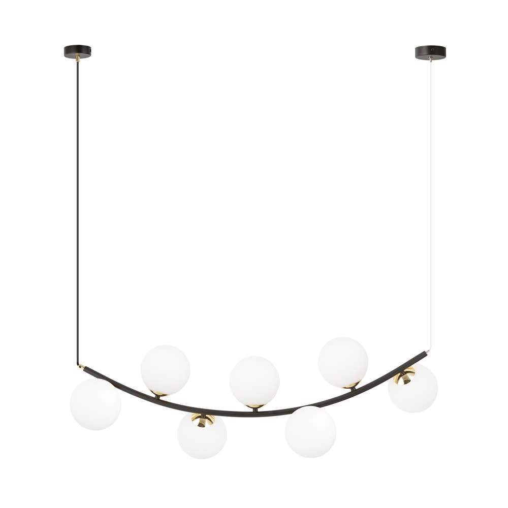 Suspension avec structure incurvée et 7 sphères blanches