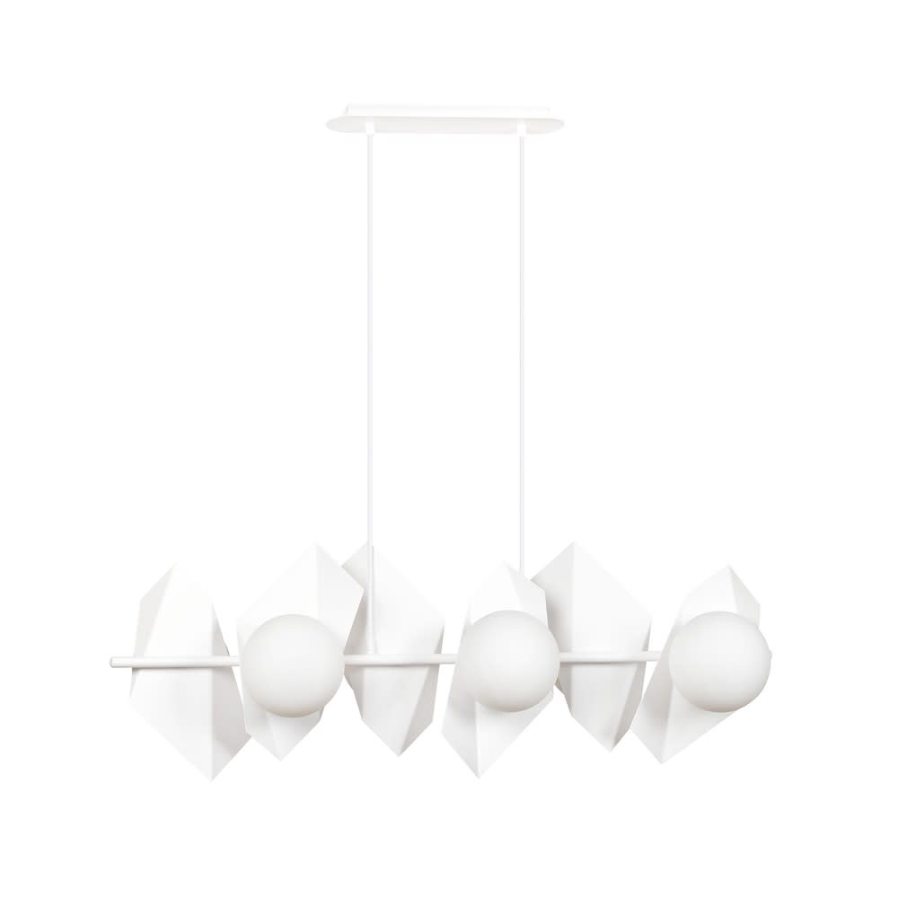 Suspension originale avec parties en métal blanc et 6 sphères opales