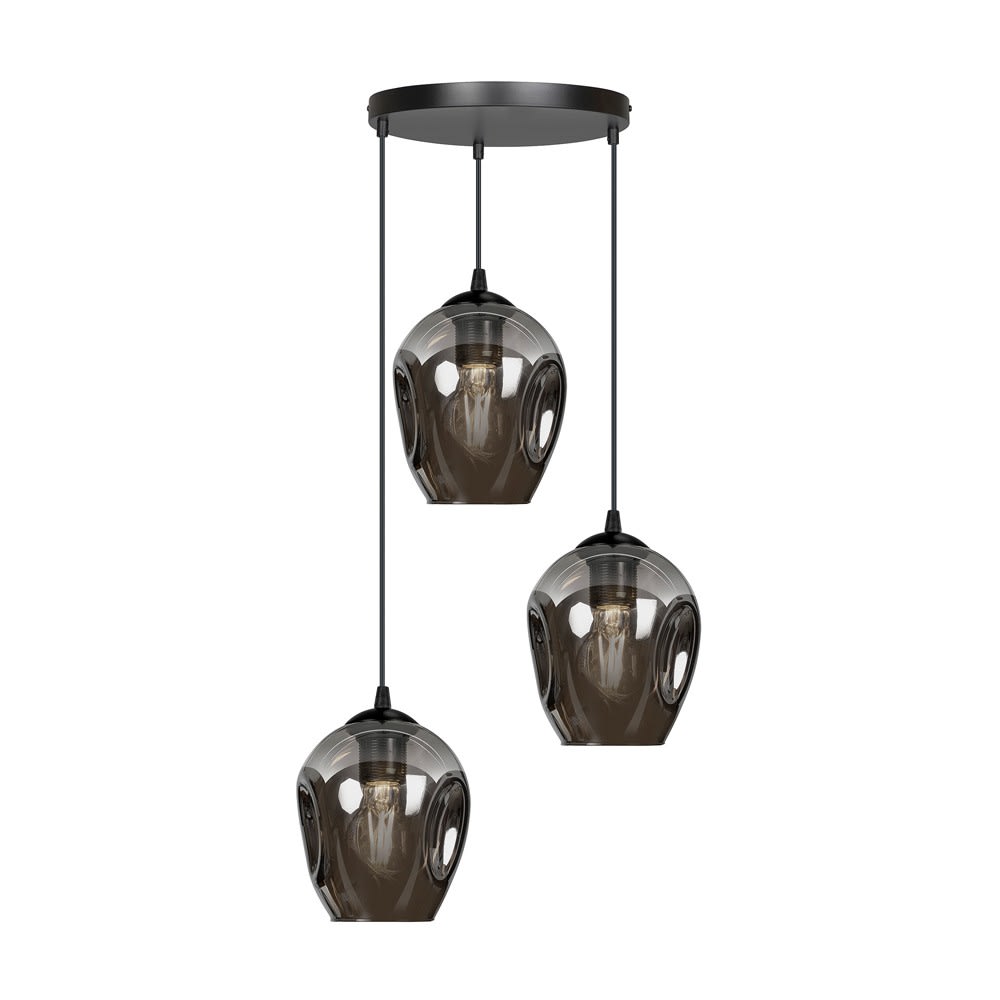 Wonderlamp Hängeleuchte mit rundem Sockel und 3 grauen Glasschirmen style modern Schwarz Kristall