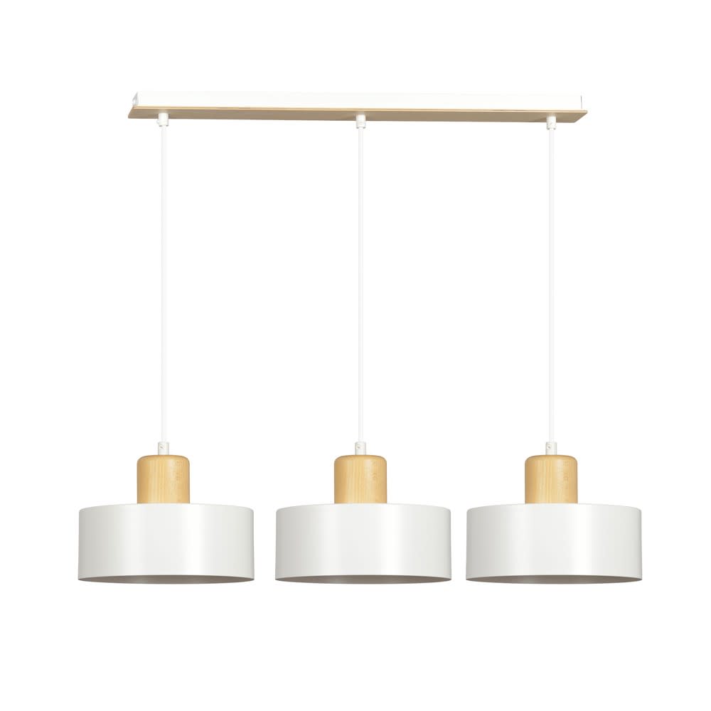 Wonderlamp Hängeleuchte mit 3 weißen und hölzernen Hängelampenschirmen style modern - Holz