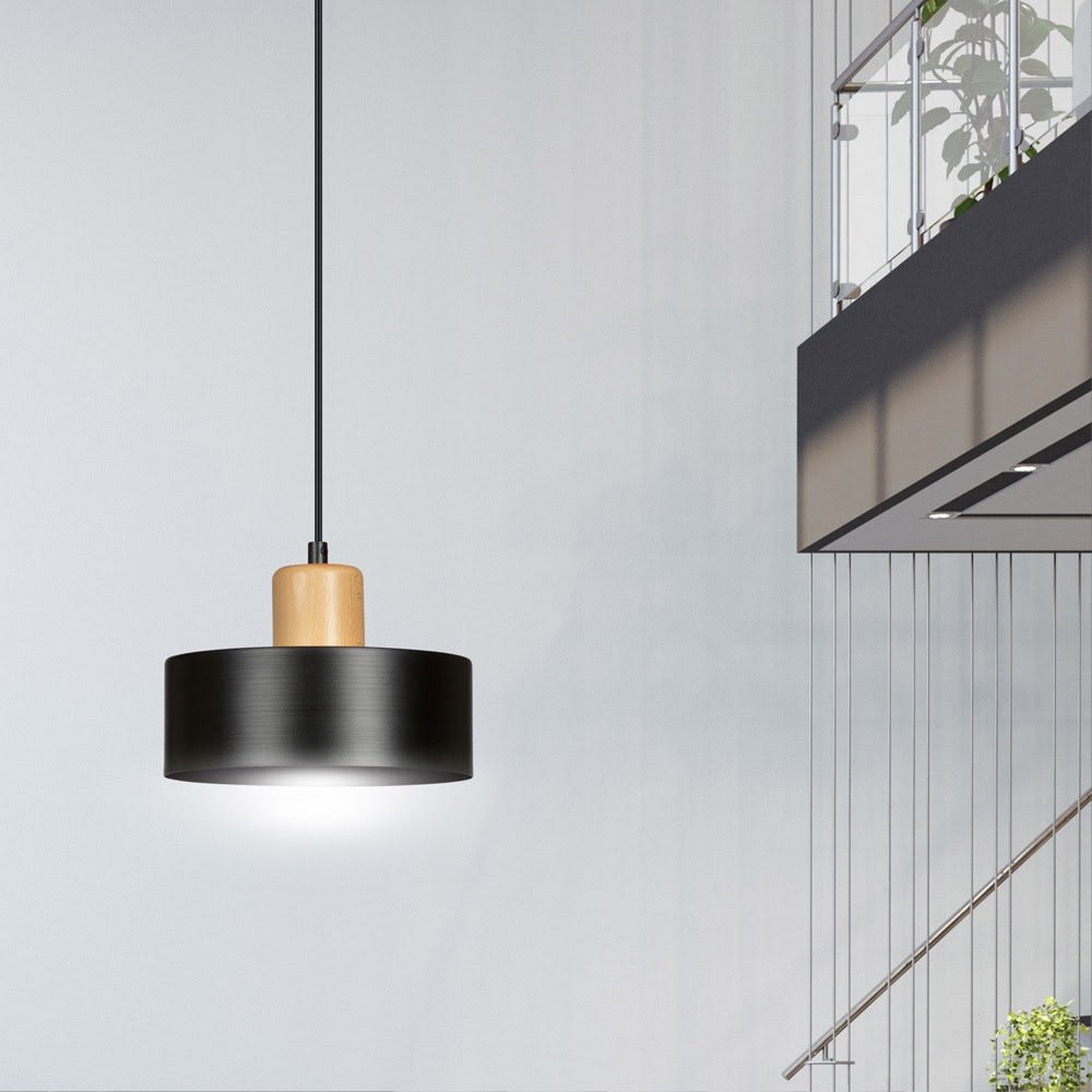 Suspension avec abat-jour cylindrique en acier noir et bois