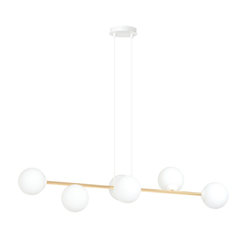 lampara colgante ajustable blanco y dorado con 6 esferas de cristal