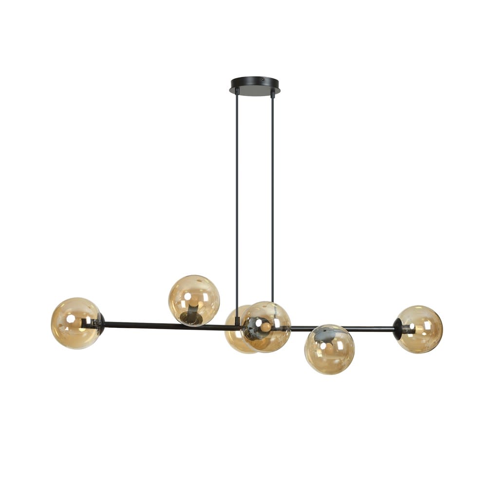 Suspension en métal noir avec 6 sphères ambrées