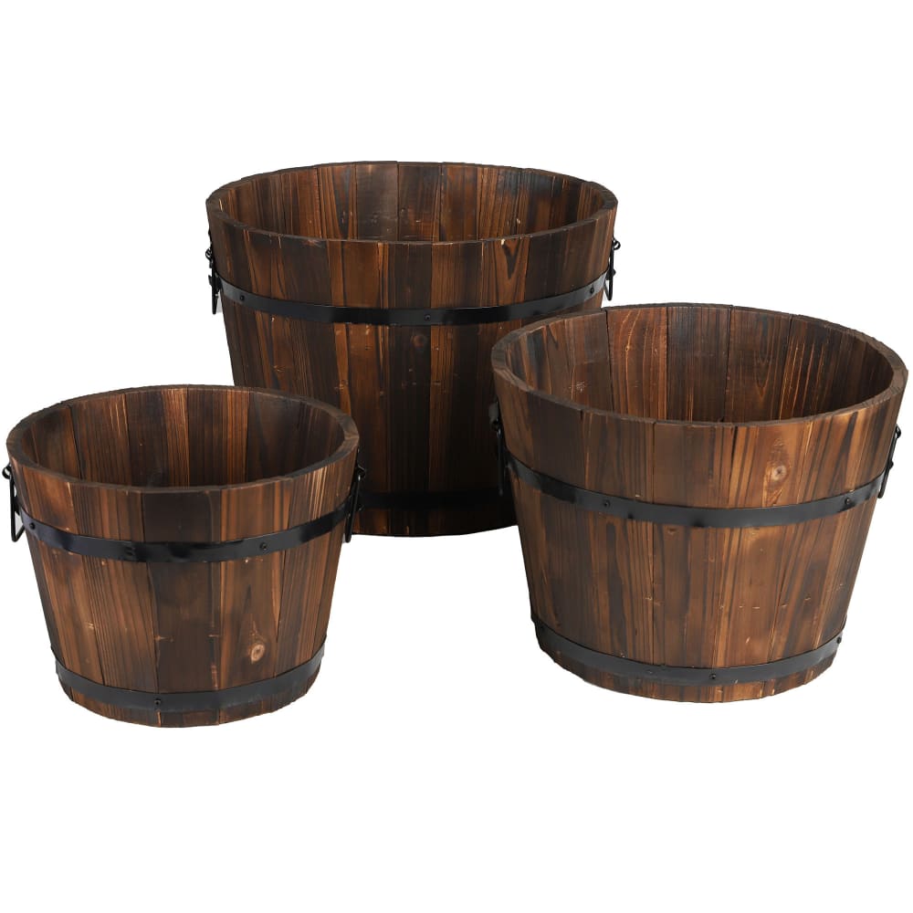 Wadiga Set de 3 cache-pots en bois et cerclage métal noir tonneaux Marron