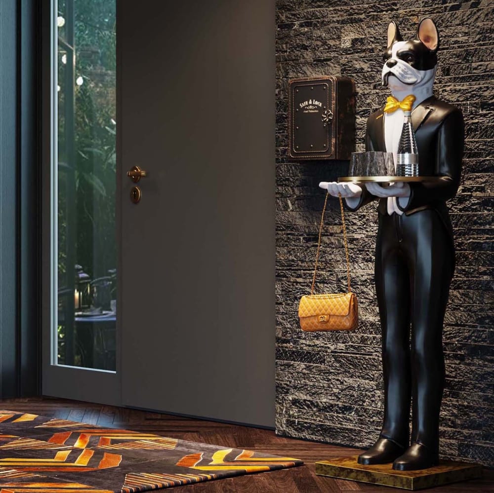 Statue chien en costume en polyrésine noire et blanche H165