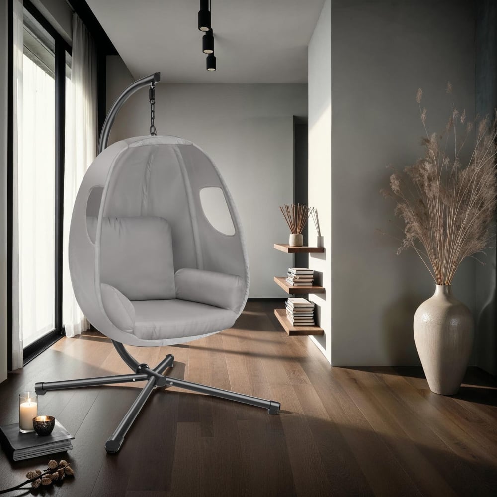 Fauteuil suspendu avec coussin d'assise épais pivotant 360° gris clair