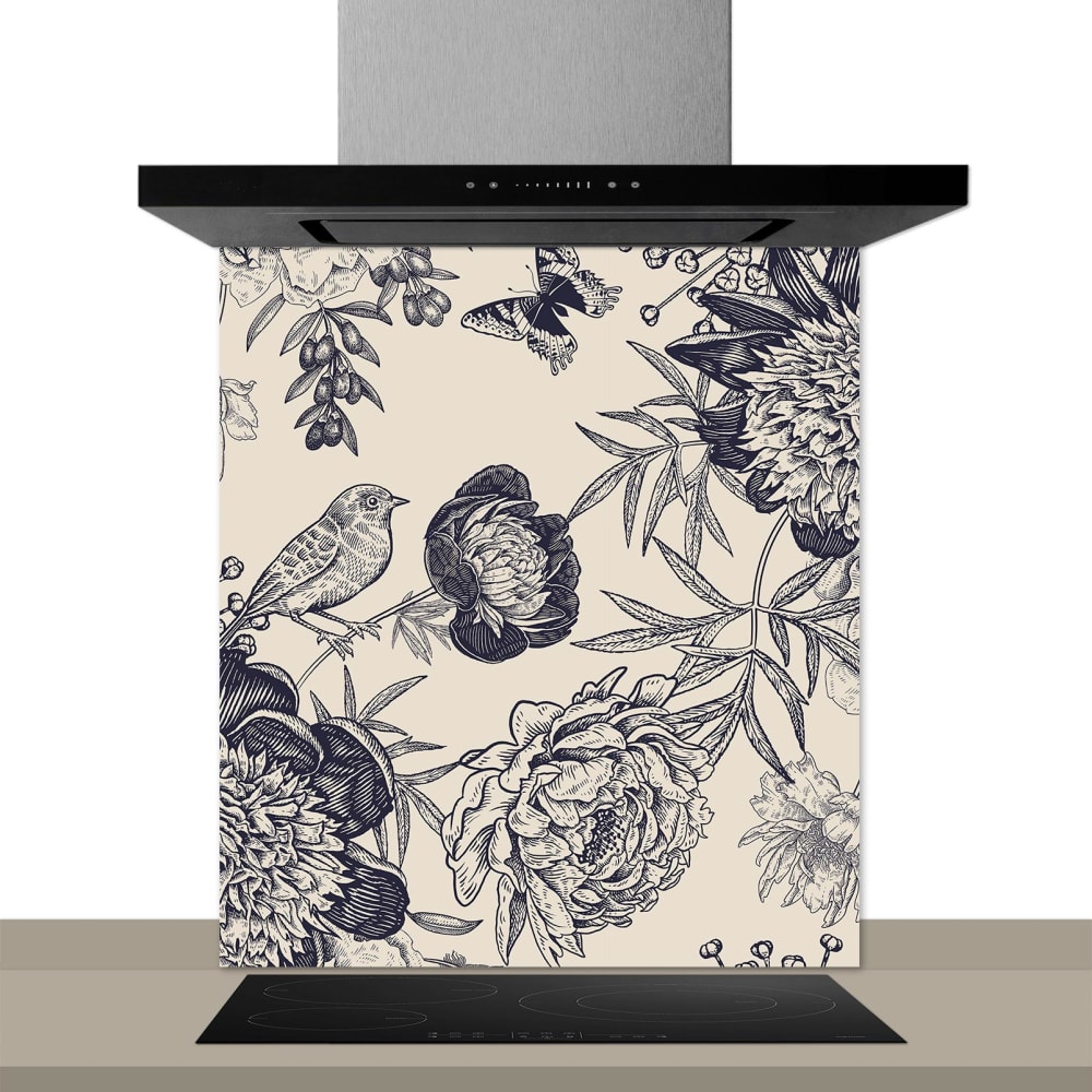 Fond de hotte décorative, botany noir et blanc 60x70  cm