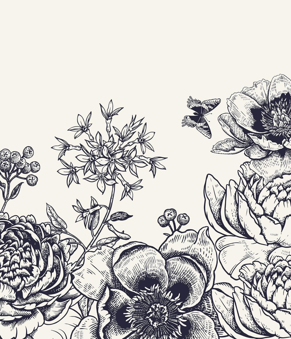 Fond de hotte décorative, croquis fleurs noir et blanc 60x70  cm - Maisons du Monde