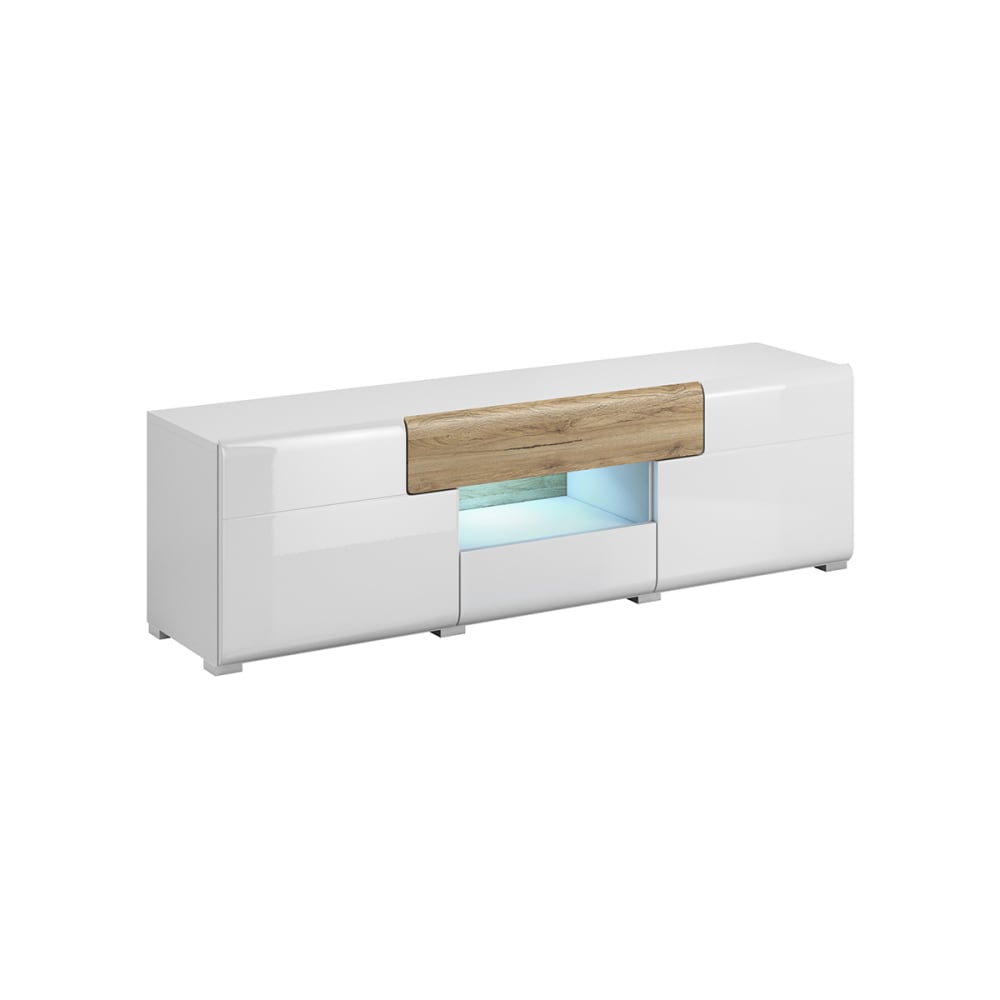 Meuble TV 2 portes 2 tiroirs 159 cm stratifiés blanc et bois
