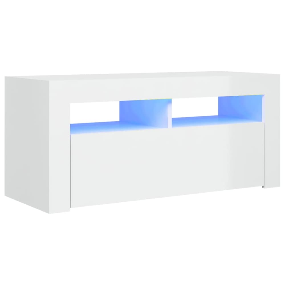 Meuble TV avec lumières LED bois blanc brillant 90x35x40 cm