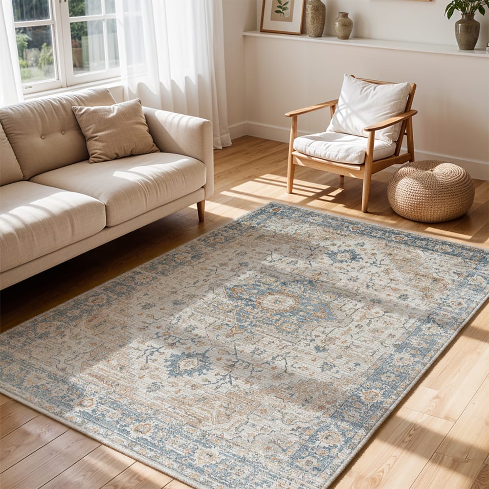 Tapis vintage lavable en machine marron/bleu 160x213 — vue 3