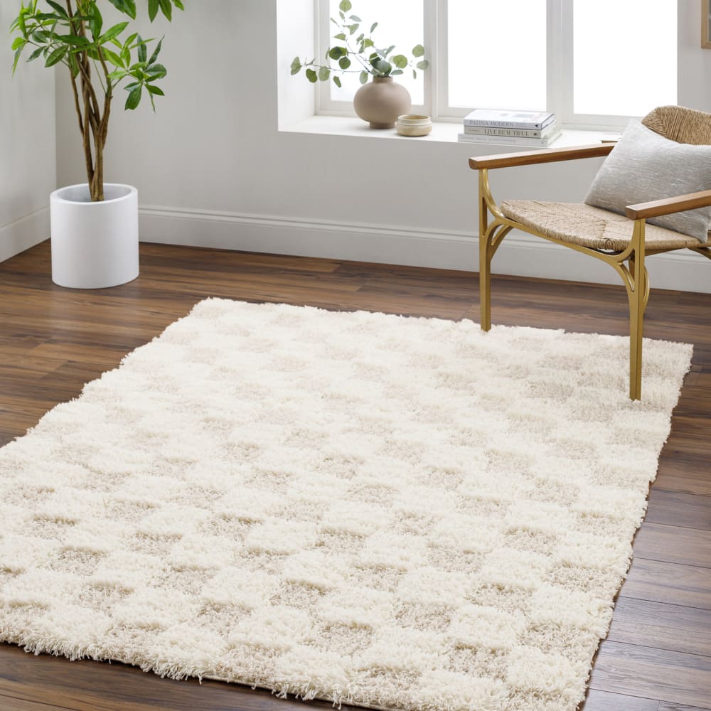 Tapis shaggy à carreaux ivoire/beige clair 200x290 — vue 3