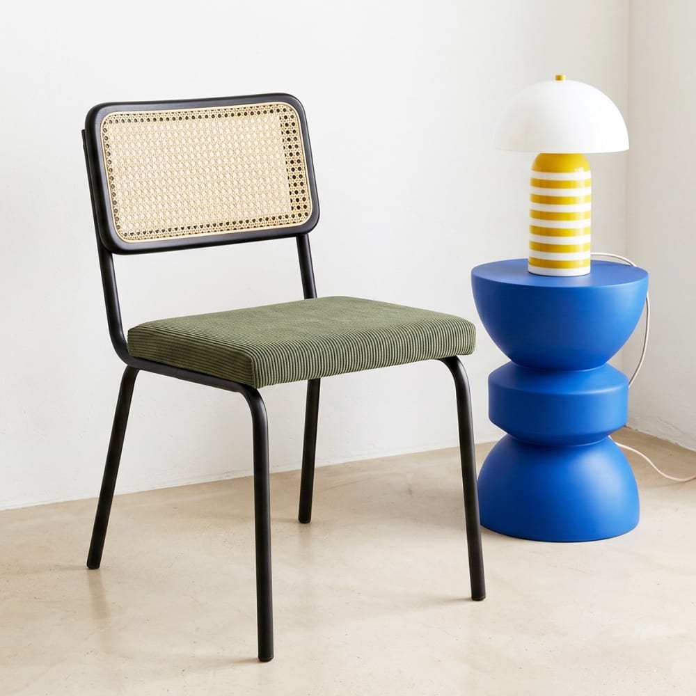 Lot de 2 chaises noires, cannage et velours côtelé vert