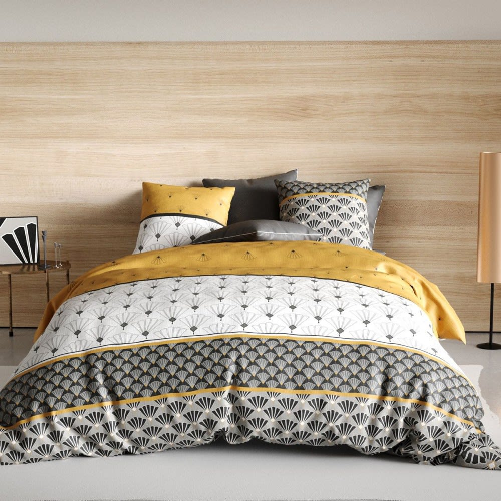 Atelier du coton Parure de couette 100% coton 57 fils imprimée 240x220cm 2 taies style classique chic Blanc