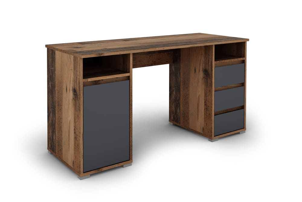 ByLiving Schreibtisch mit 3 Schubladen, 1 Tür, 2 Fächern, 138x75x55cm, old wood style modern Braun Spanplatte