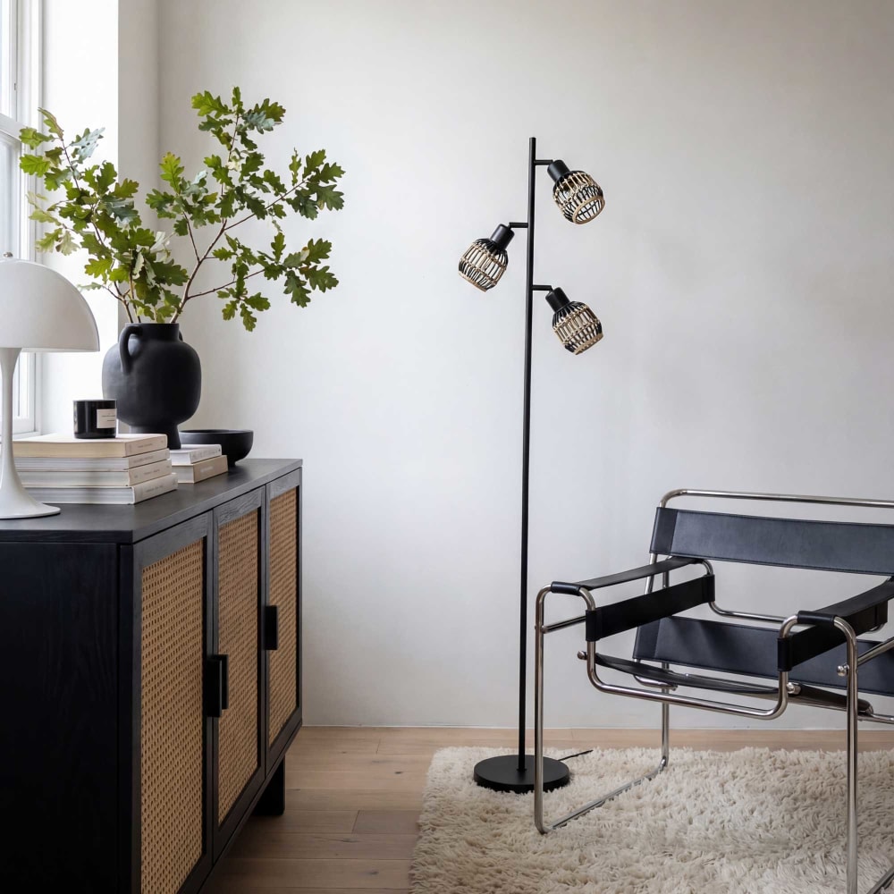 Lampadaire 3 lumières en rotin noir et naturel — vue 3